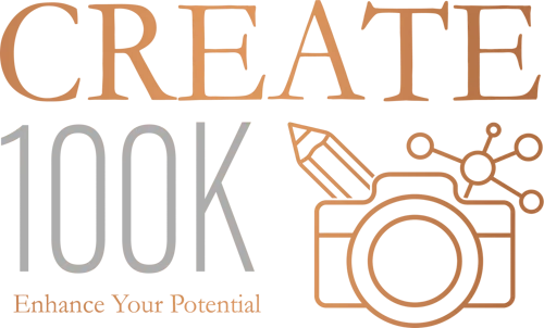 Create 100K Logo, text with Create 100K with an icon of a camera, networking symbol and pencil underneath the text