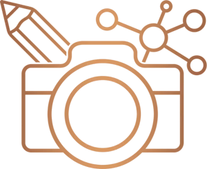Create 100K Icon, made up of a camera in the middle, with a networking symbol and pencil behind