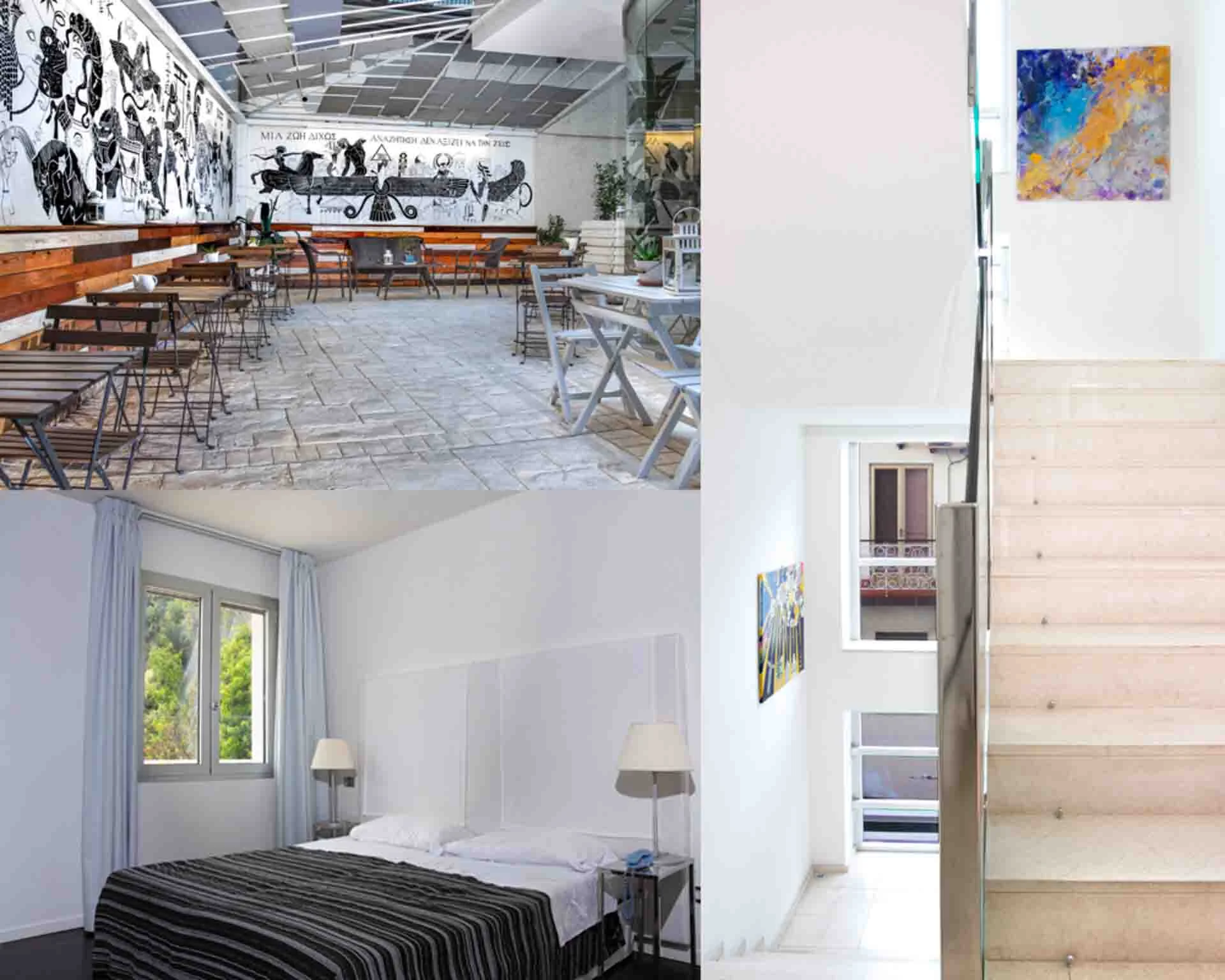 The image is divided into three areas. In the top left, there is a photo of an outdoor space with bright white walls and rustic tables. In the bottom left, there is an image of a hotel room with a grey bed and a window on the far wall looking out to a forest. On the right side, there are stairs with colourful pieces hanging from the walls.