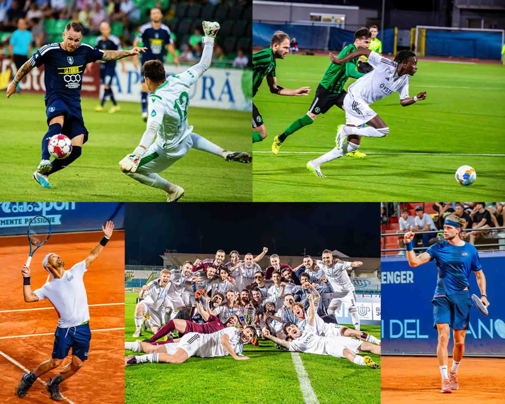 5 images are displayed in a collage, 3 of which are action sports photography shots from football matches and the other 2 being from an ATP Challenger tennis event