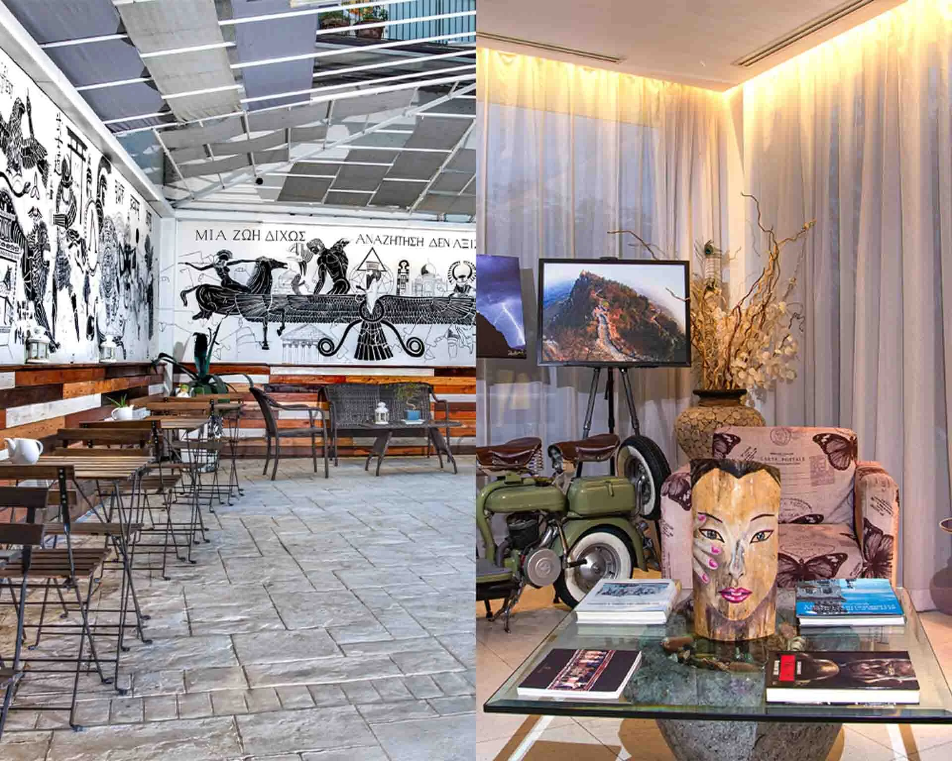 Divided in two, the left side of the image displays an outdoor seating area while the right displays a lounge area with a coffee table between two sofas